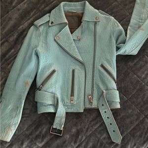 All saints blue leather jacket